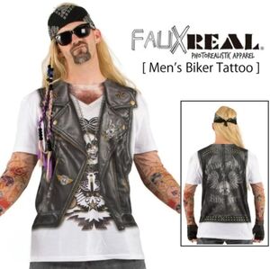 Halloween Costume Faux Real Biker Photorealistic Graphic T with Tattoo Sleeves